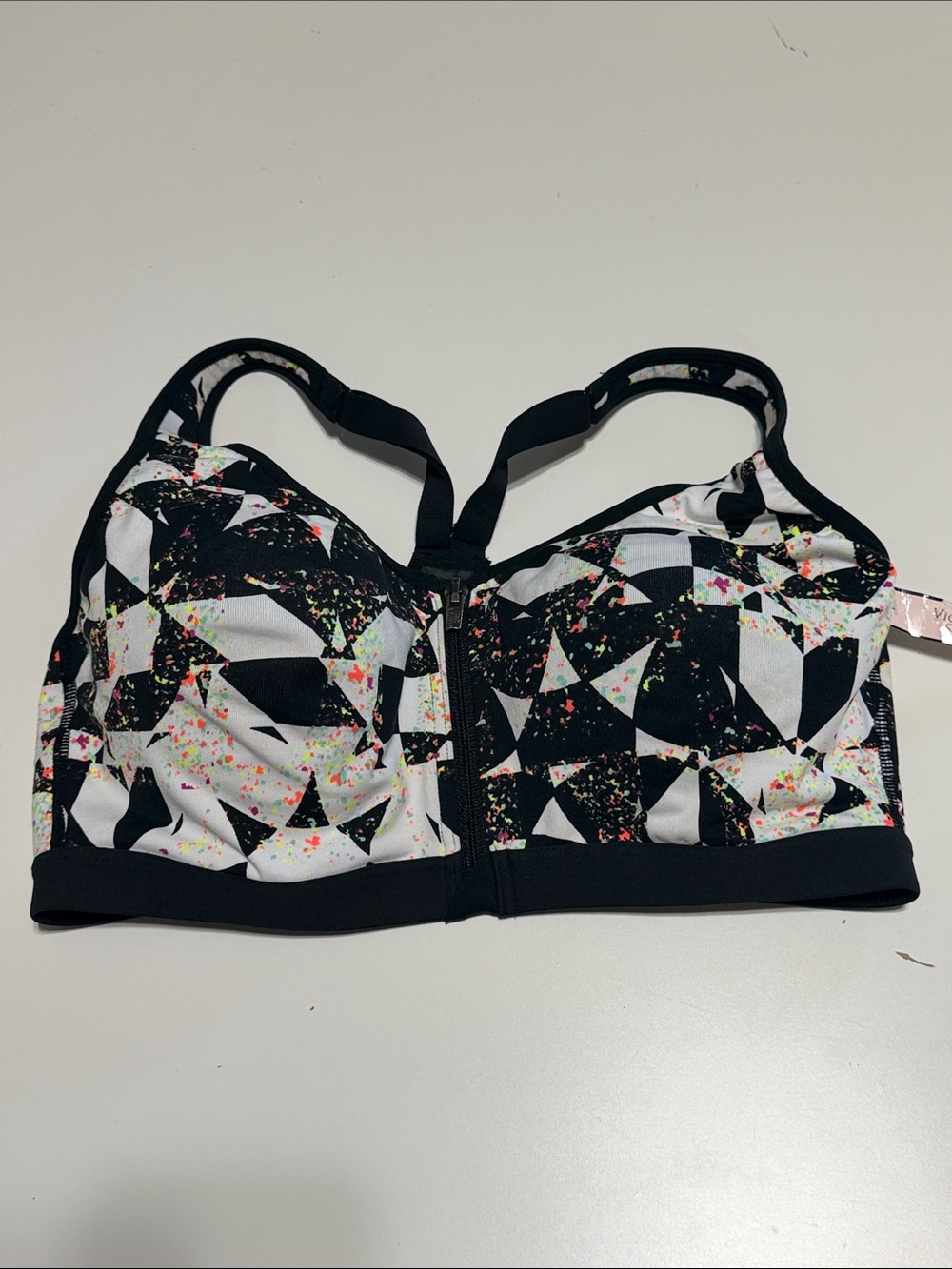 Victoria's Secret Black & White Geometric Sports Bra with Neon Accents